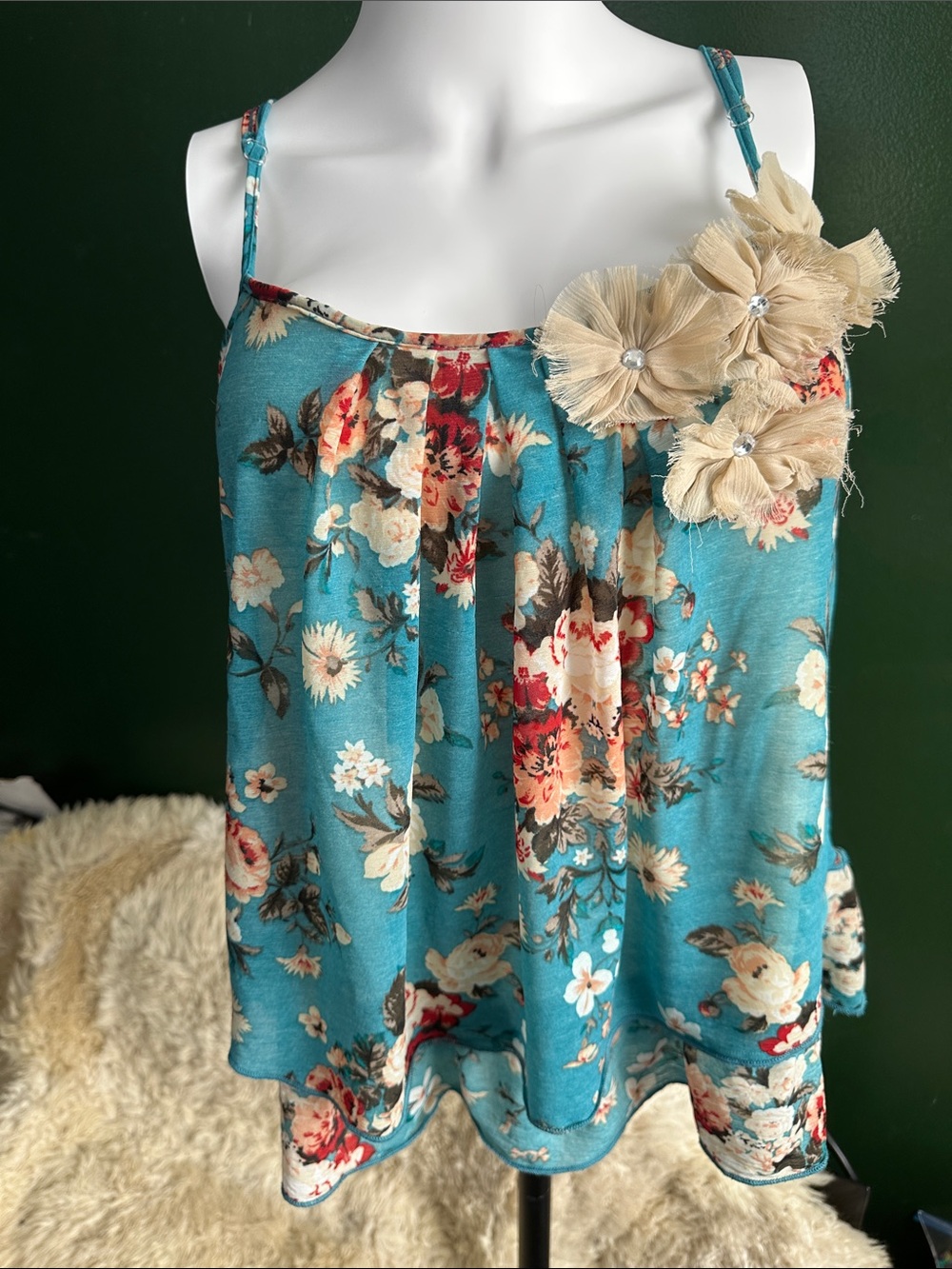 Daytrip Teal Floral Spaghetti Strap Tank with Cream Flower Appliqués